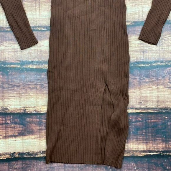 RELISTED Brown Ribbed Bodycon Midi Dress Slit - Picture 4 of 5